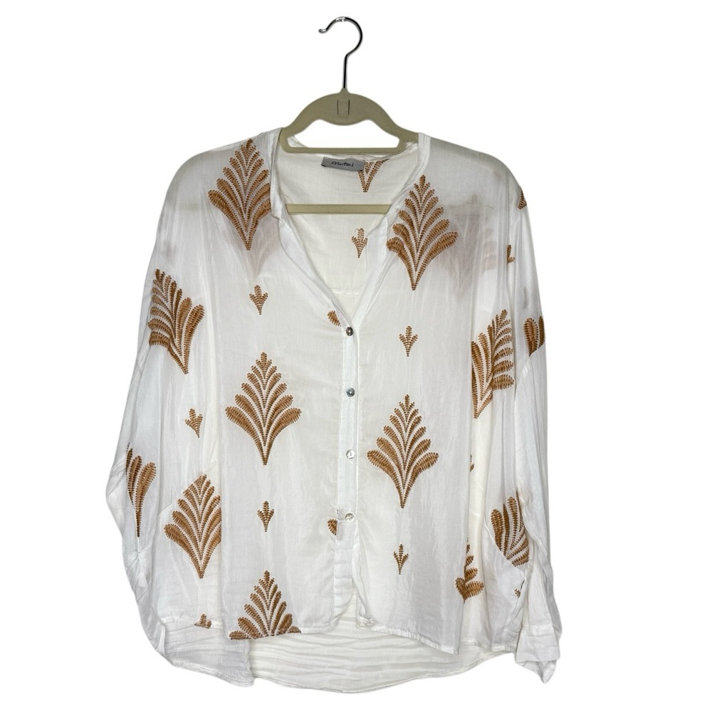 Motel Sheer Cotton Silk
Embroidered Button Down Blouse
Top Made in Italy Sz S